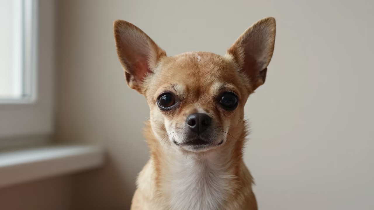 Chihuahua Portrait Midsummer Late Afternoon Light in beside a plain plaster wall in soft indoor light with the animal centered in frame in Chirchiq
