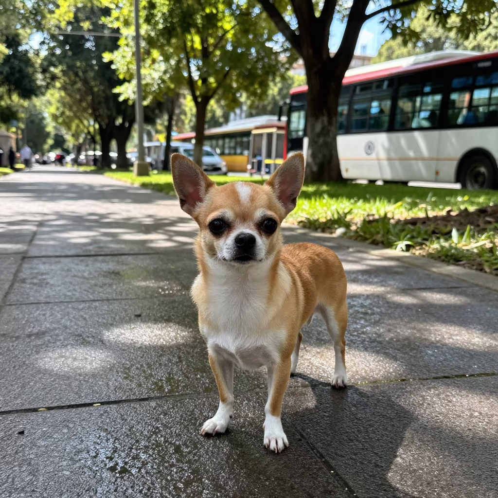 Chihuahua Portrait on Bogota Park Path in along a quiet park path with soft open shade and a clean background in Bogota