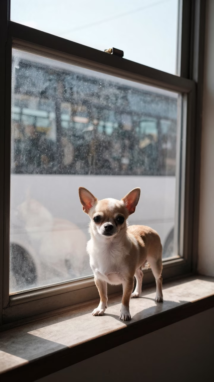 Chihuahua Portrait on Kanpur Window Seat in on a cushioned window seat with soft side light and an uncluttered background in Kanpur