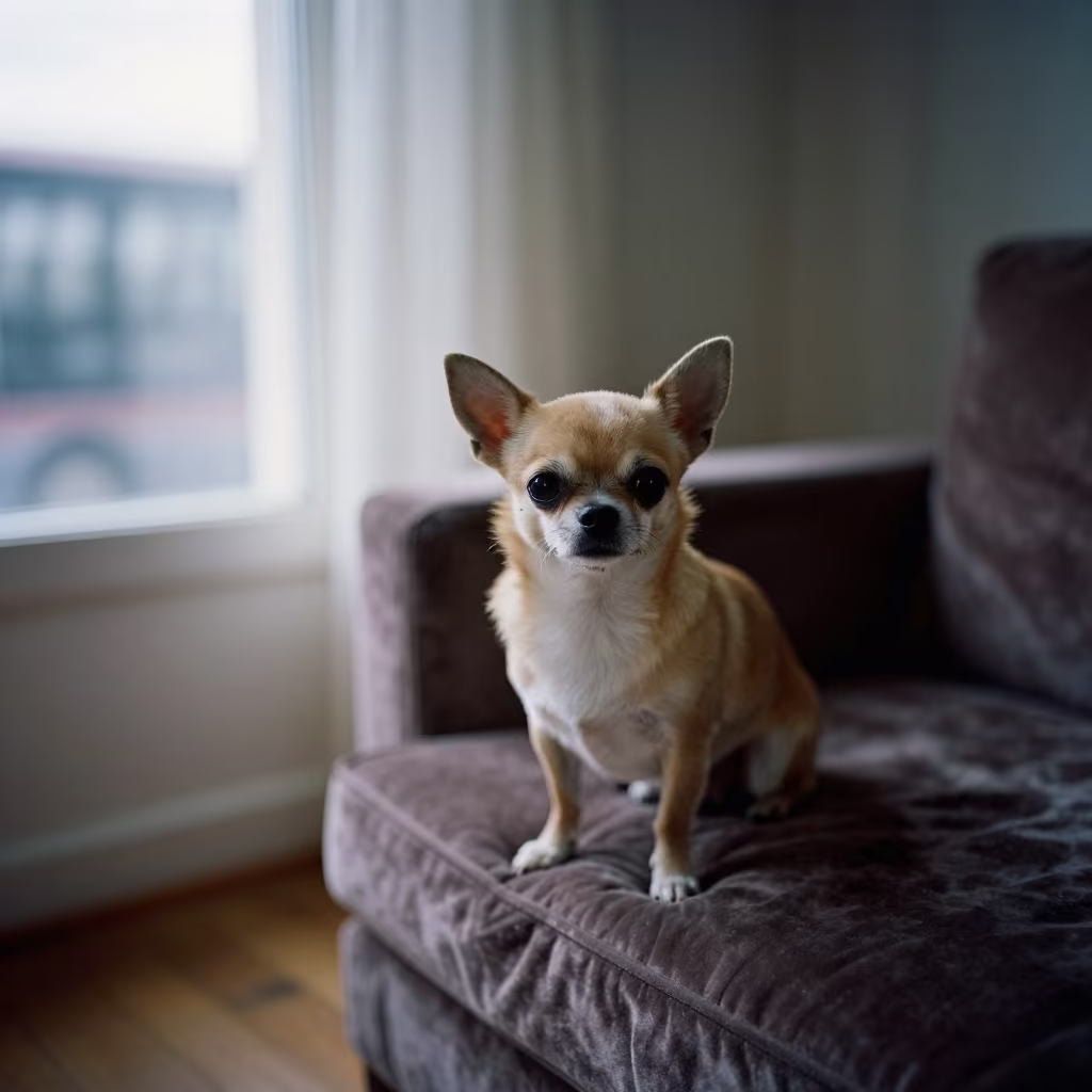 Chihuahua Portrait on Madrid Sofa in on a sofa near a curtained window with calm indoor light in Madrid