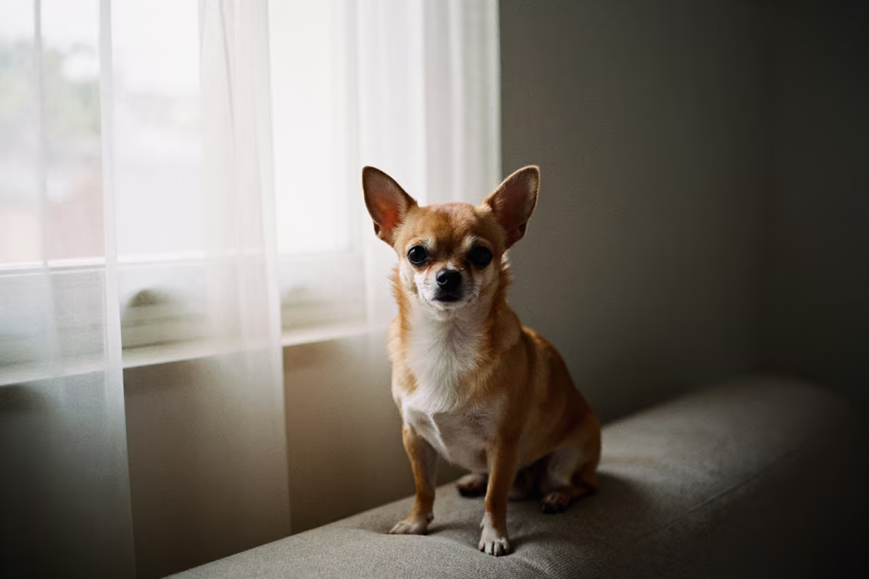 Chihuahua Portrait on Sofa Near Curtained Window in on a sofa near a curtained window with calm indoor light in Cuttack