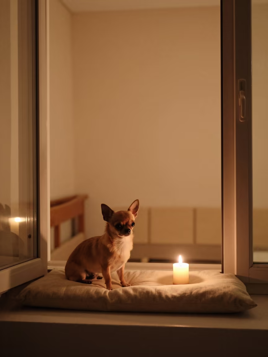 Chihuahua Portrait on Window Seat in Baqubah in on a cushioned window seat with soft side light and an uncluttered background in Baqubah