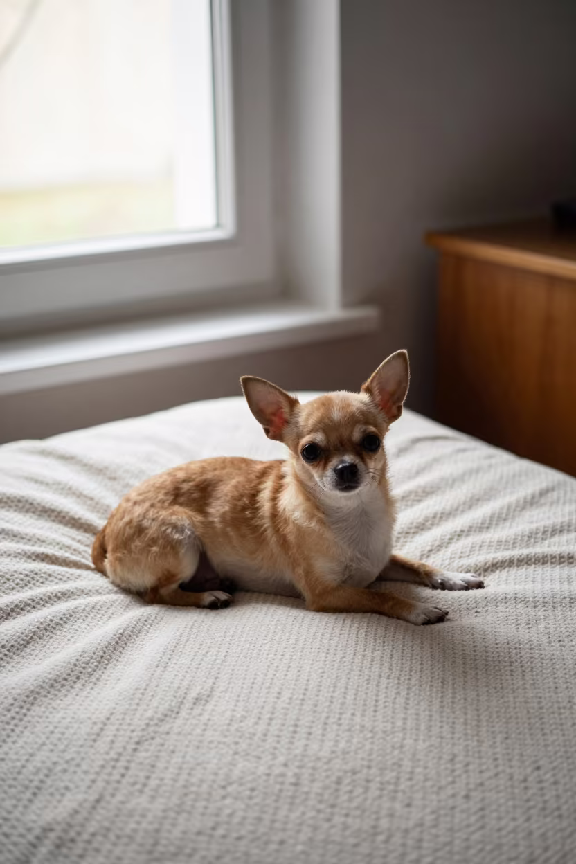 Chihuahua Resting on Bedspread Near Window in on a bedspread near a bright window with calm indoor light near Bergamo