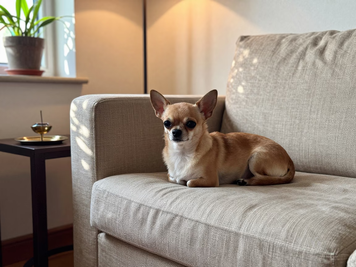Chihuahua Resting on Linen Sofa in Lahore Light in on a linen sofa with daylight from a nearby window in Lahore