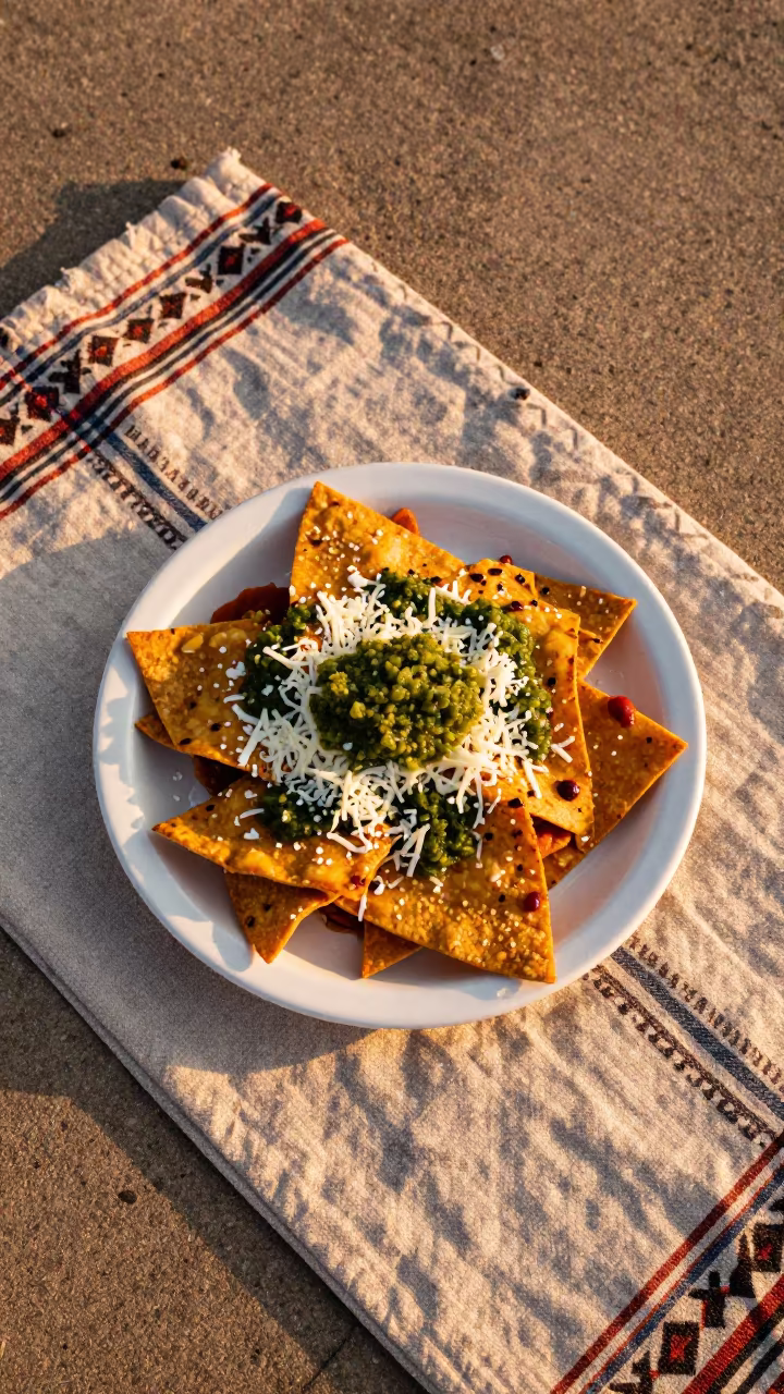 Chilaquiles with Salsa Verde on Picnic Blanket in on a picnic blanket in East Austin, Austin