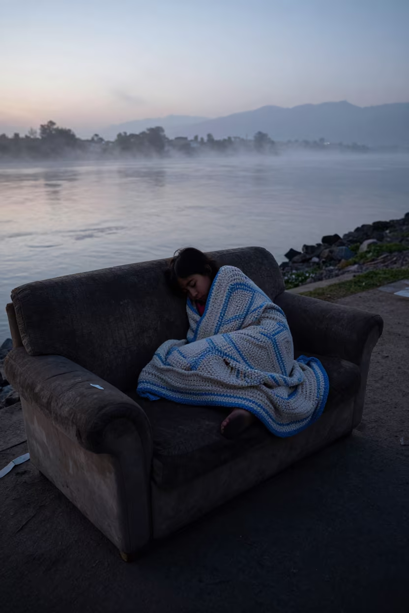 Child Asleep on Sofa Near Riverside at Dawn in near a riverside landing in Culiacán