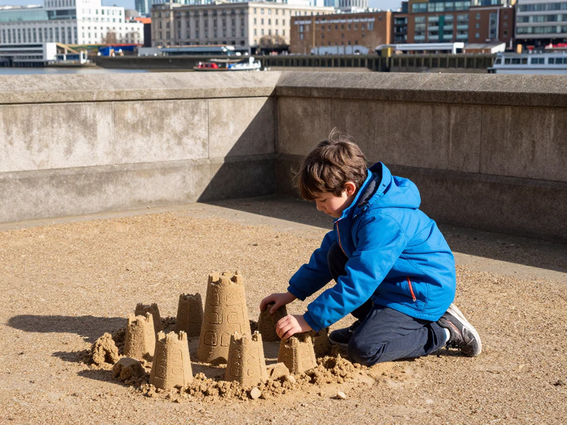 Child Building Sandcastle Near Thames Embankment in London Midday Sun in in London, United Kingdom