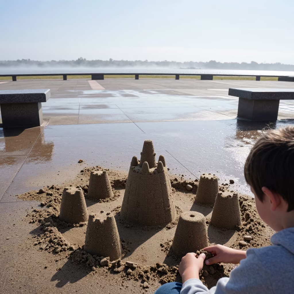 Child Building Sandcastle in Salem Square Midday in at a public square in Salem