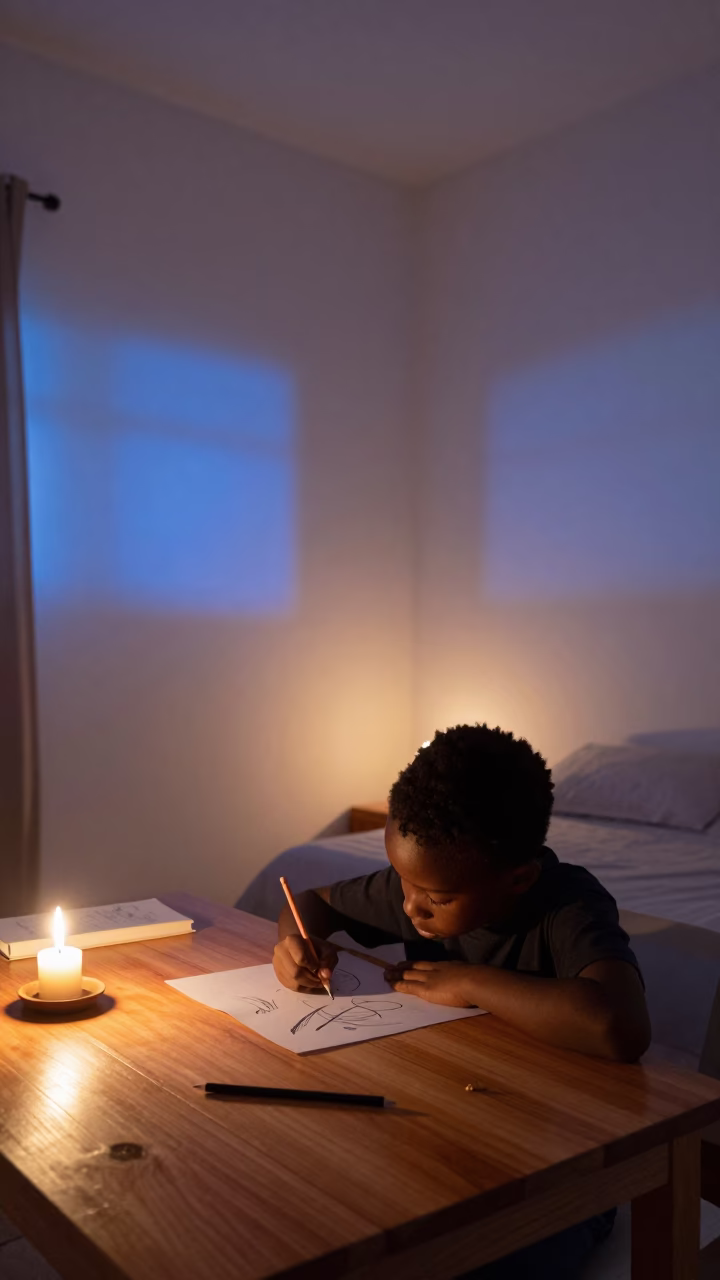 Child drawing candlelit table in Jos in in a candlelit bedroom in Jos