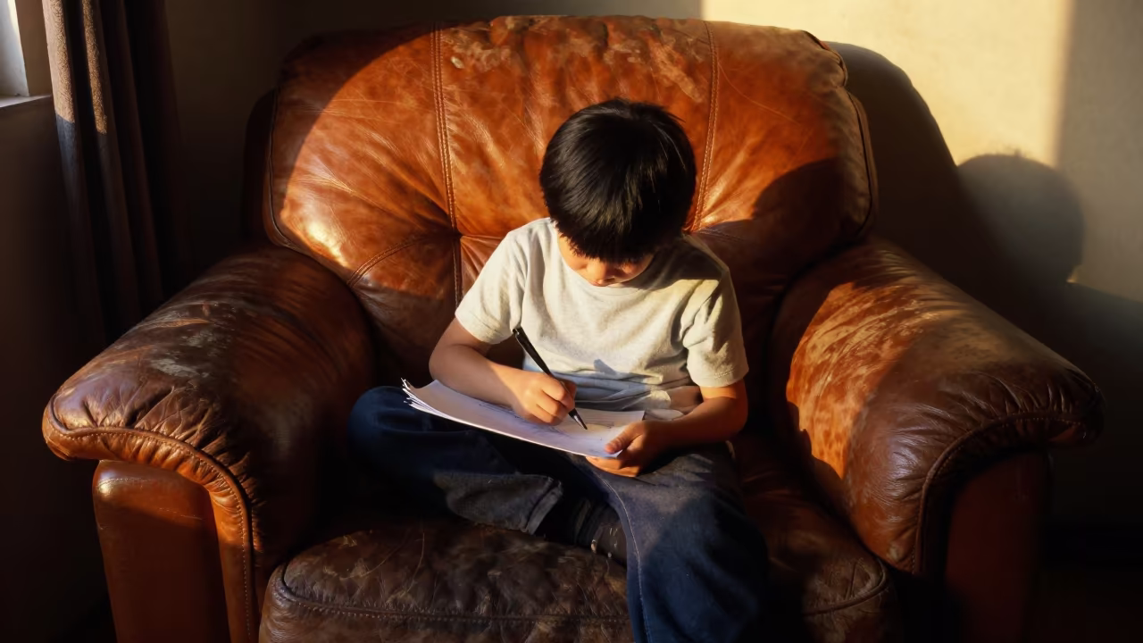 Child Drawing at Leather Armchair in Haikou Sunset in on a worn leather armchair in Haikou