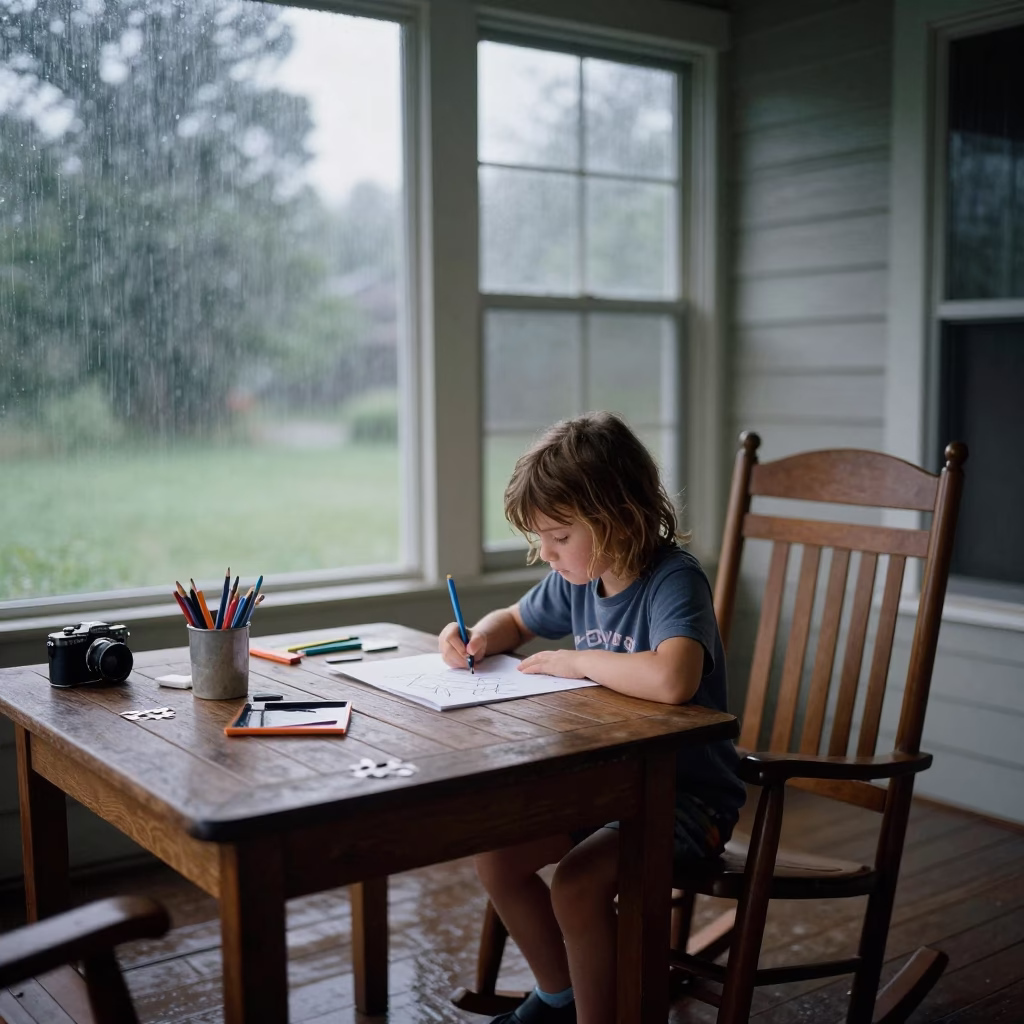 Child Drawing at Porch Table in Yola in on a porch with a rocking chair near Yola