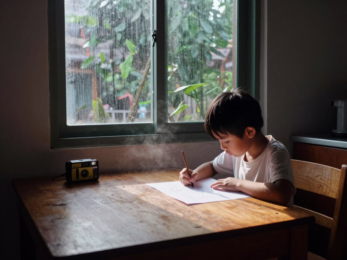 Child Drawing at Table Near Rain Window Hue in beside a rain-streaked window near Hue