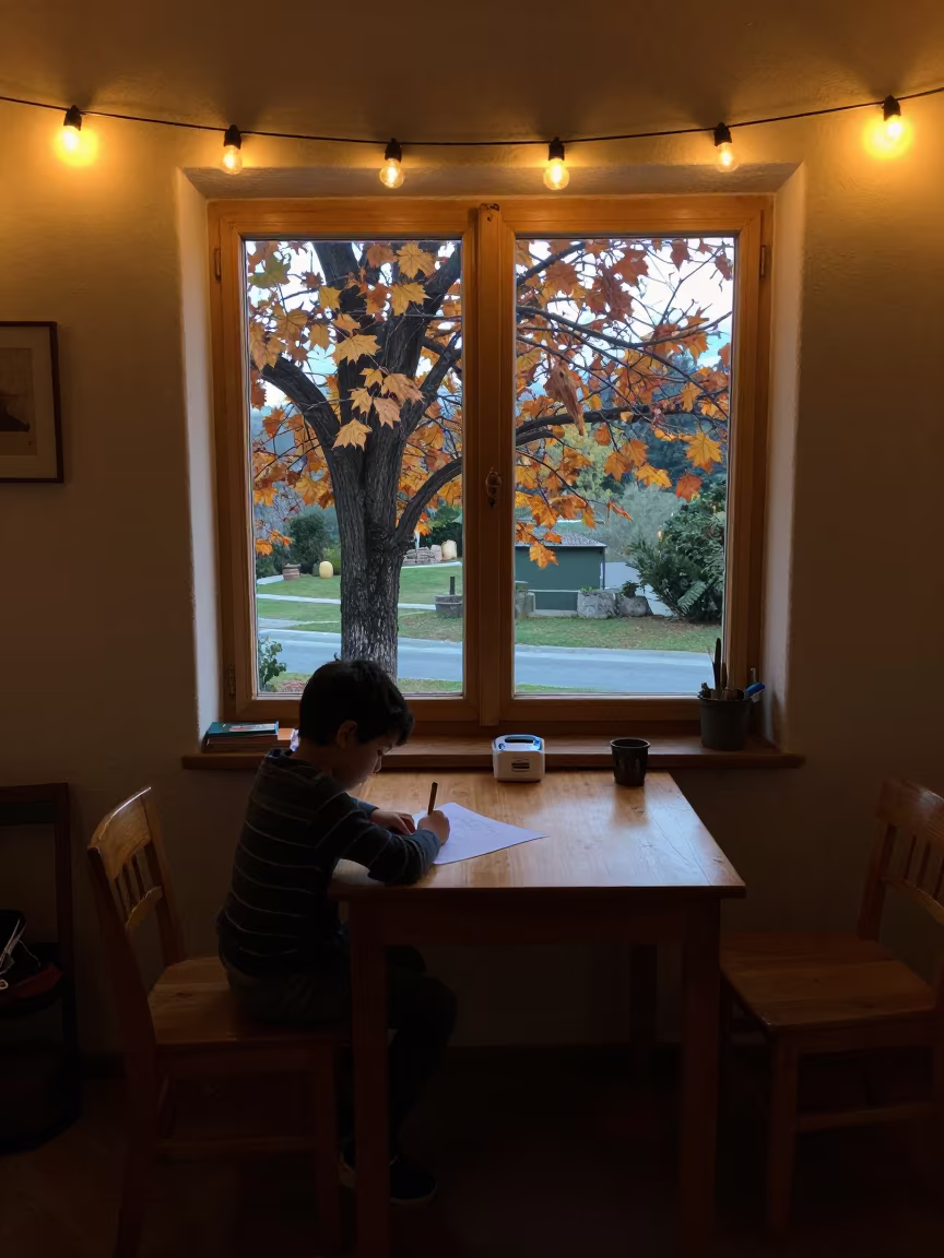 Child Drawing at Window Seat Before Dawn in on a window seat in San Nicolás de los Arroyos