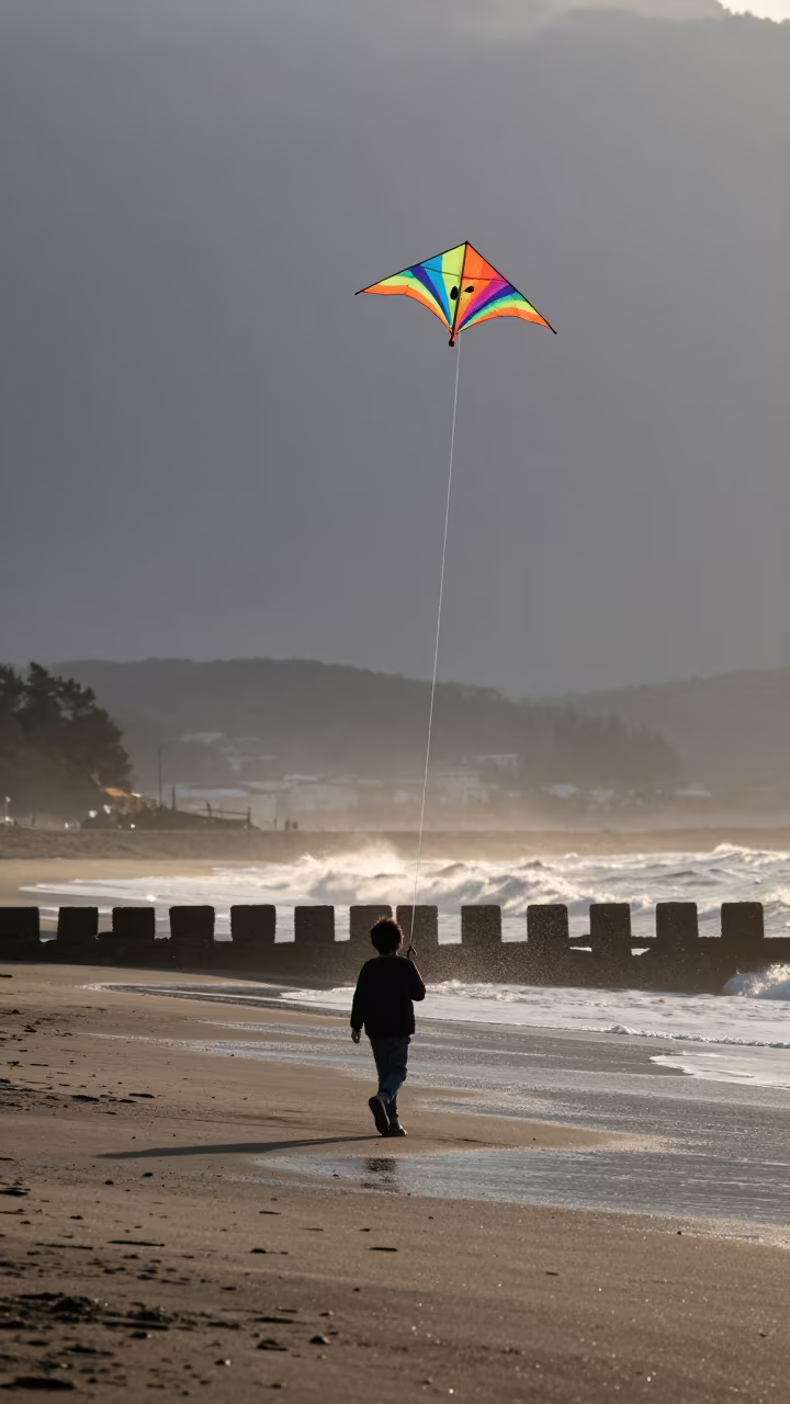 Child Flying Kite at Dawn in Kamakura in in Kamakura