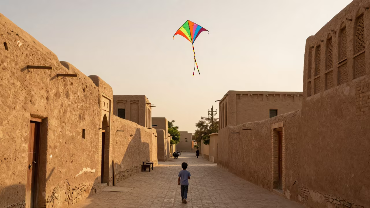 Child Flying Kite in Hama Old Quarter in in the old quarter in Hama