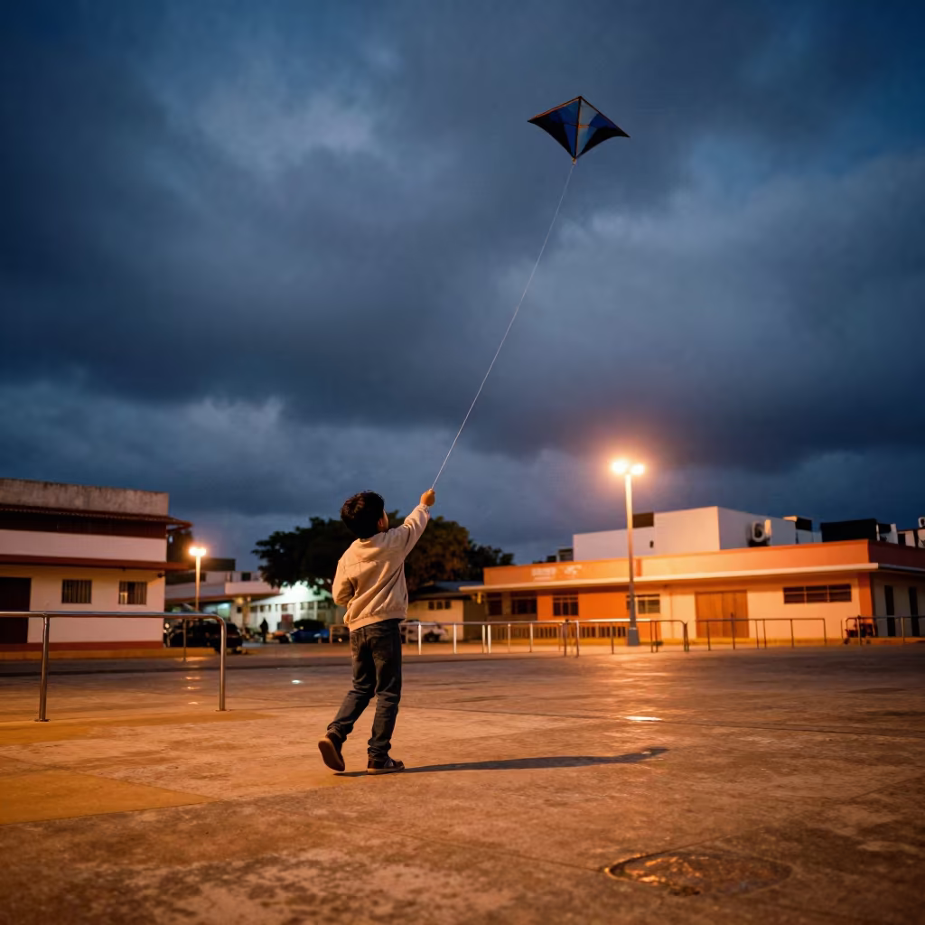 Child Flying Kite in Santo Domingo Dusk in in Santo Domingo