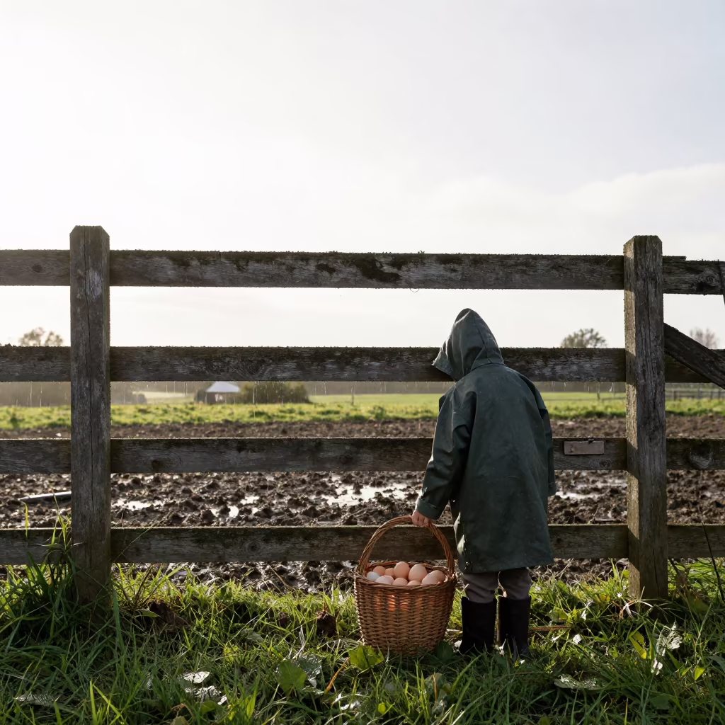 Child Gathering Eggs Silhouetted in Normandy Paddock in along a muddy paddock fence in Normandy