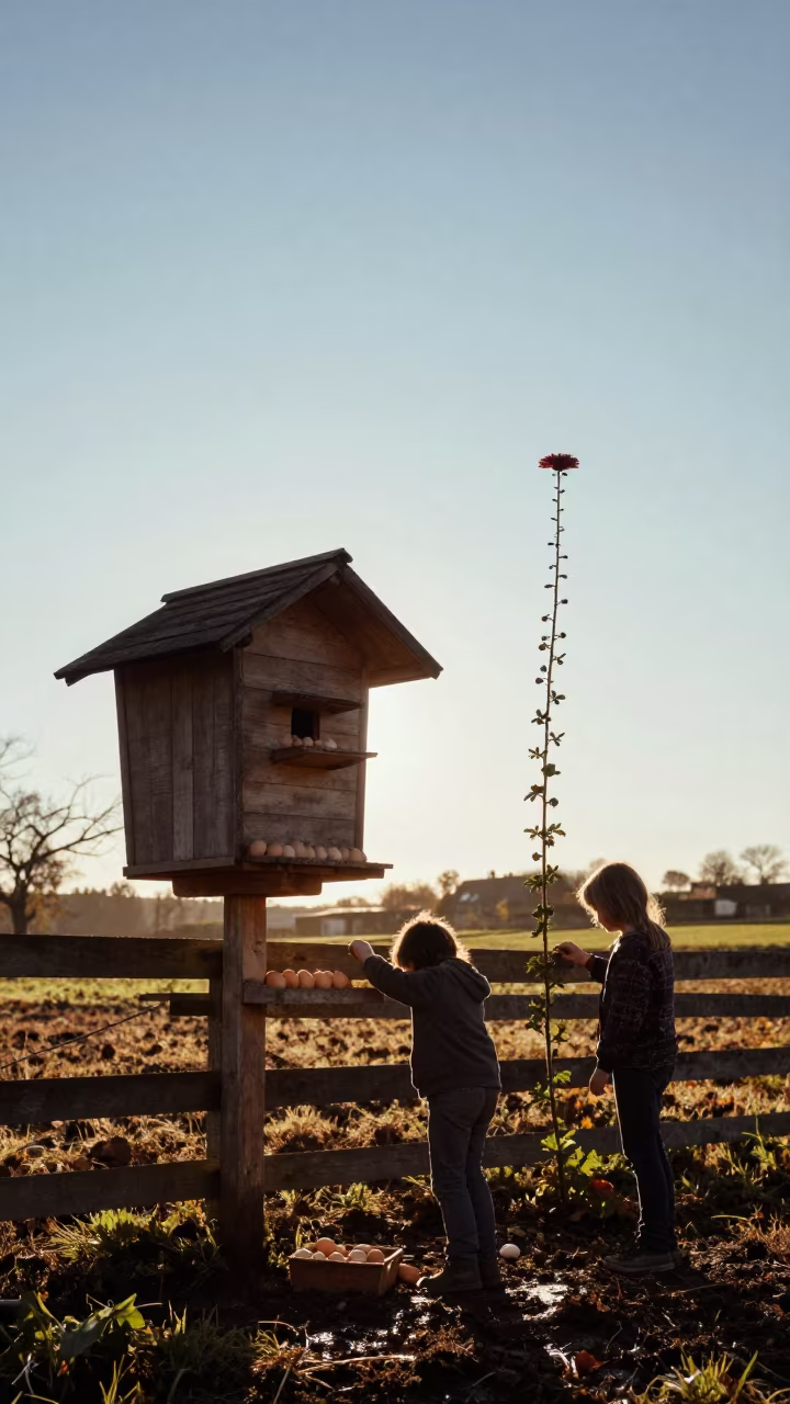Child Gathering Eggs Under Giant Flower Alsace in along a muddy paddock fence in Alsace