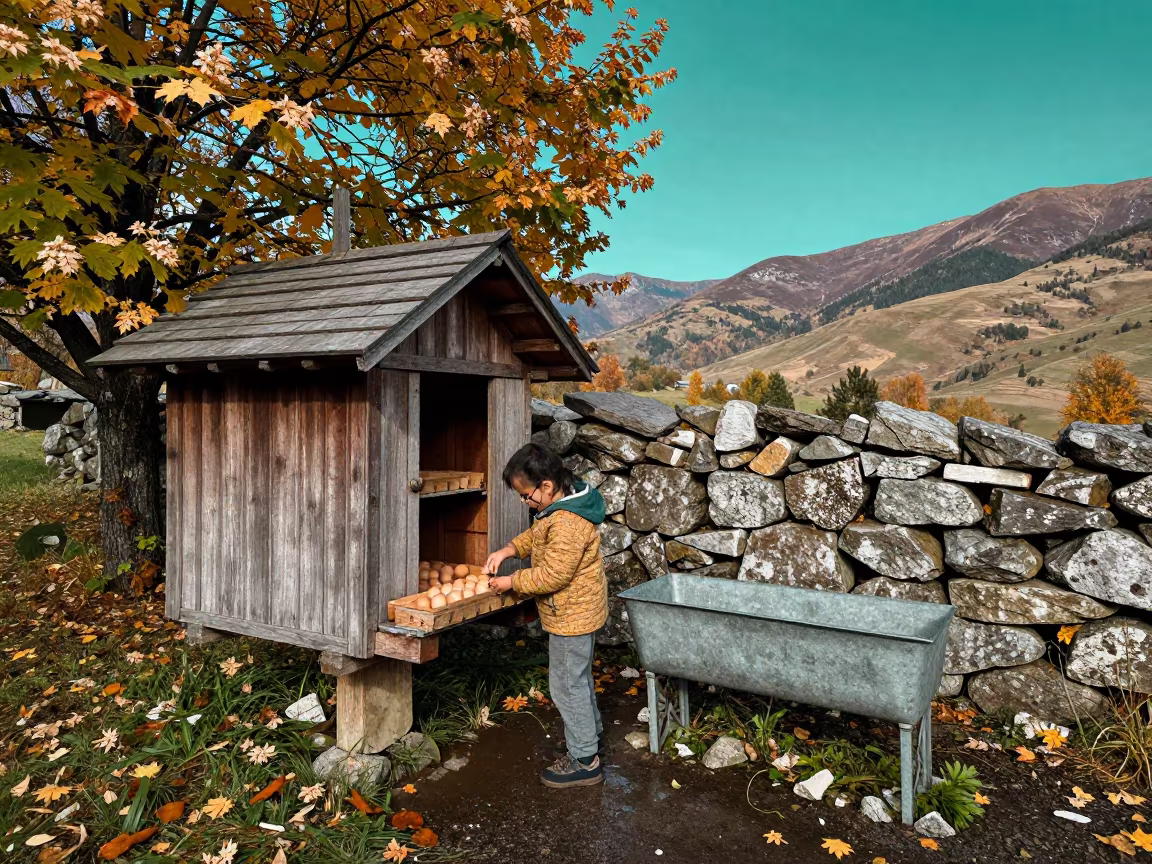 Child Gathering Eggs Under Green Sky in near a windbreak and water trough in Germany