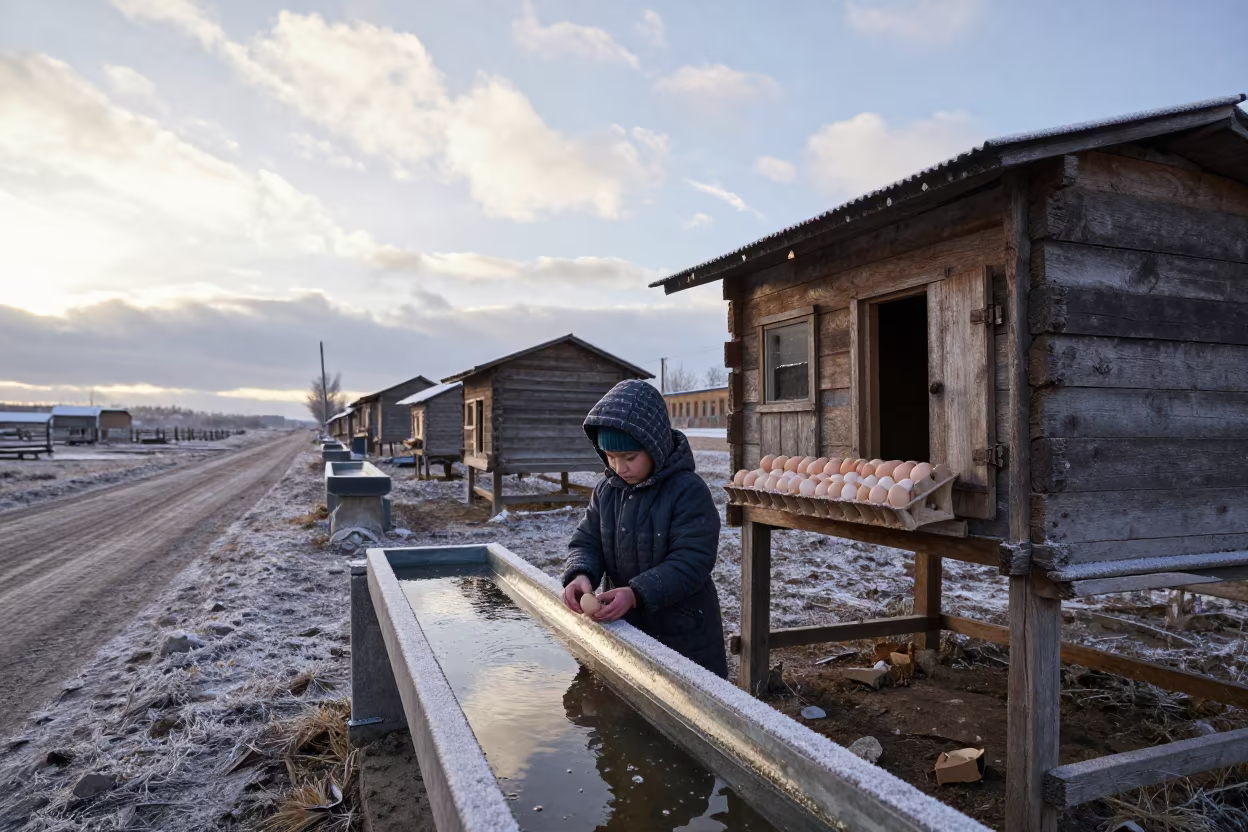 Child Gathering Eggs Uzbek Henhouse Winter in along a feedlot lane in Uzbekistan