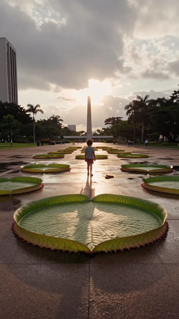 Child on Giant Water Lily Pad in Curitiba Square in at a public square in Curitiba