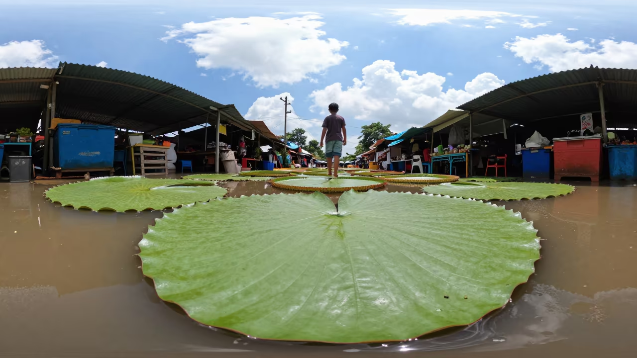 Child Stands on Giant Water Lily Pad in Leon Market Lane in along a market lane in Leon