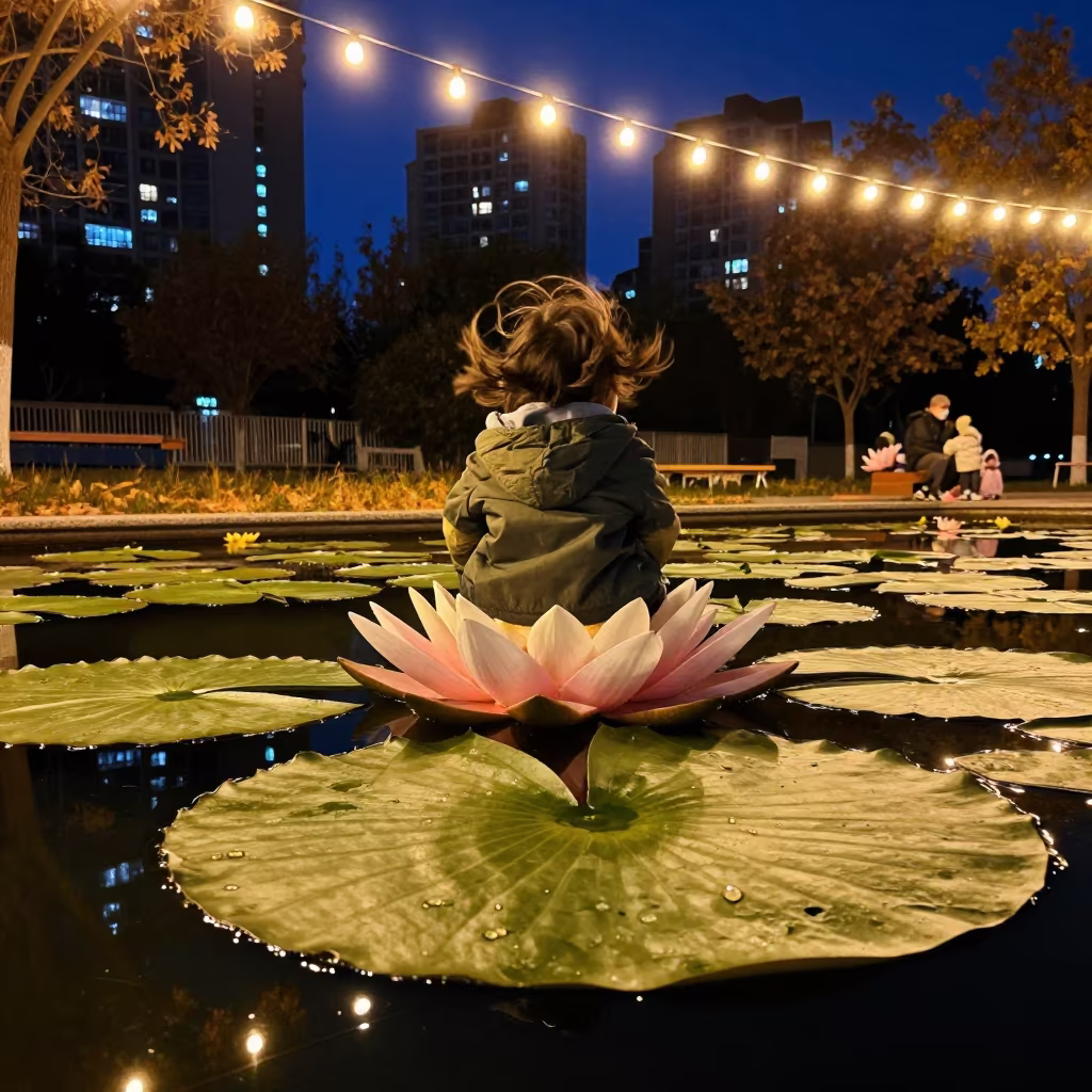 Child on Giant Water Lily Pad Under Midnight Lights in in Urumqi