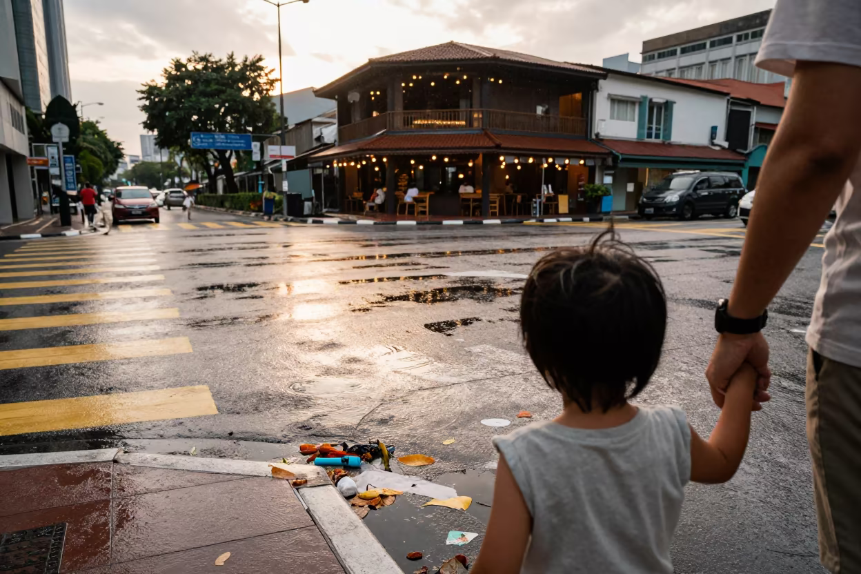 Child holding parent hand at crosswalk in outside a corner cafe in Bukit Bintang, Kuala Lumpur
