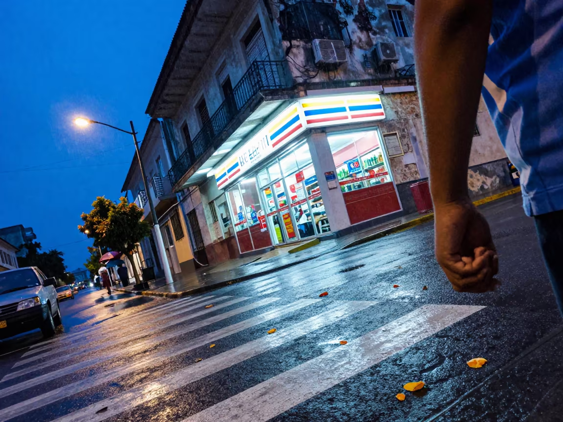 Child Holding Parent Hand at Crosswalk in outside a fluorescent convenience store in Santiago de Cuba