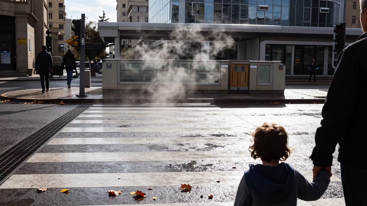 Child holding parent hand at Erbil crosswalk in outside a metro entrance in Erbil