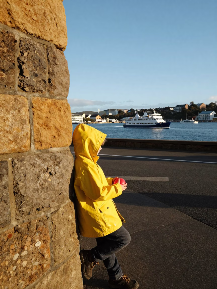 Child in Yellow Raincoat Leans on Stone Wall Near Hobart Waterfront in in Hobart, Tasmania, Australia