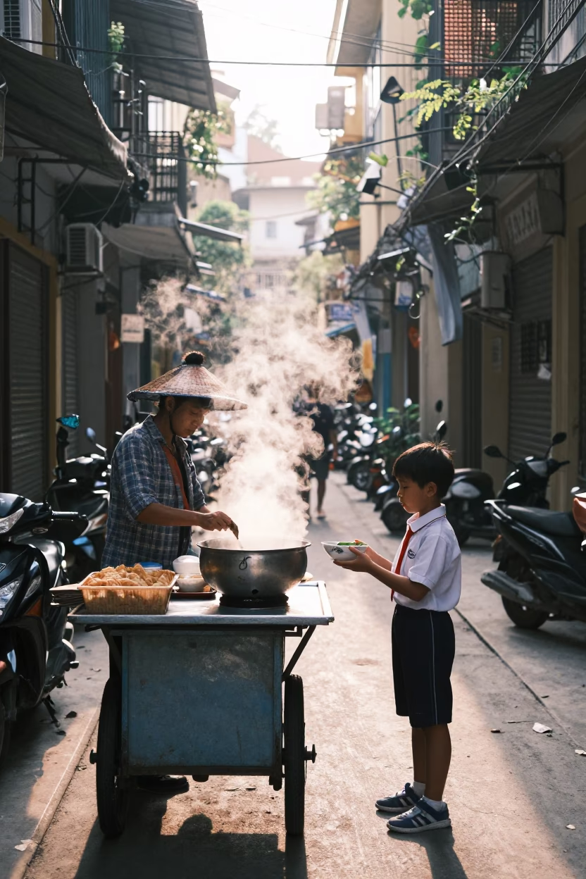 Child just after sunrise in Hanoi in in Hanoi, Vietnam