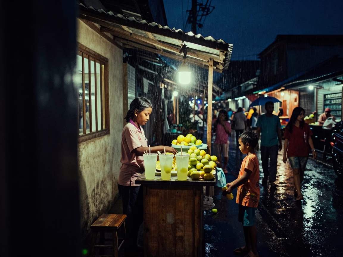 Child Lemonade Vendor in Sittwe Night Bazaar in in a covered bazaar aisle in Sittwe