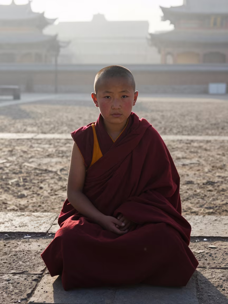 Child Monk in Early Winter Dawn Near Lanzhou in near Lanzhou