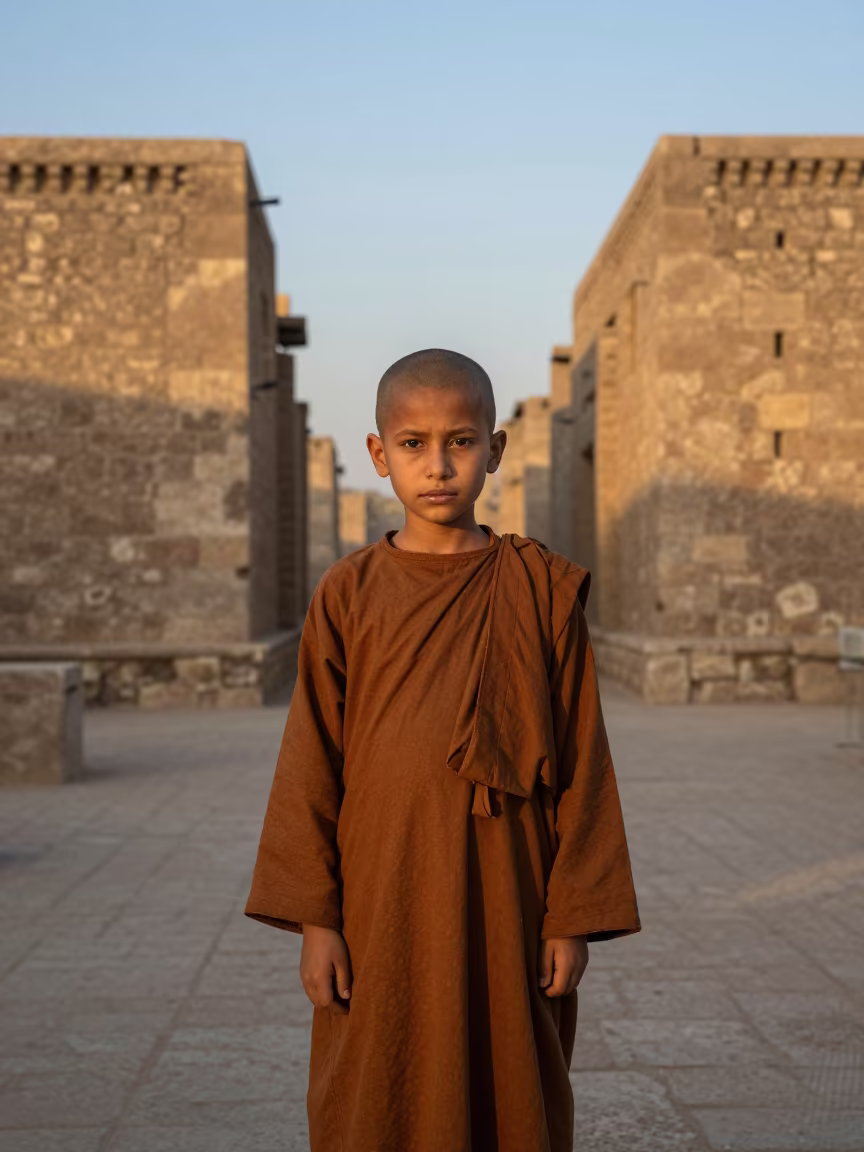 Child Monk Portrait at Dawn in Cairo City of Dead in in the old quarter in City of the Dead, Cairo