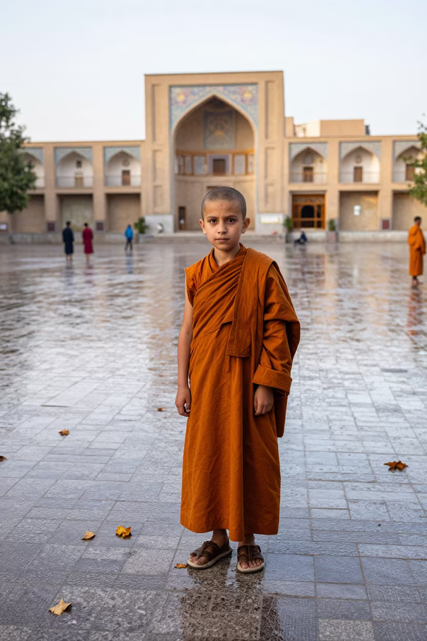 Child Monk Portrait in Shiraz Square in at a public square in Shiraz