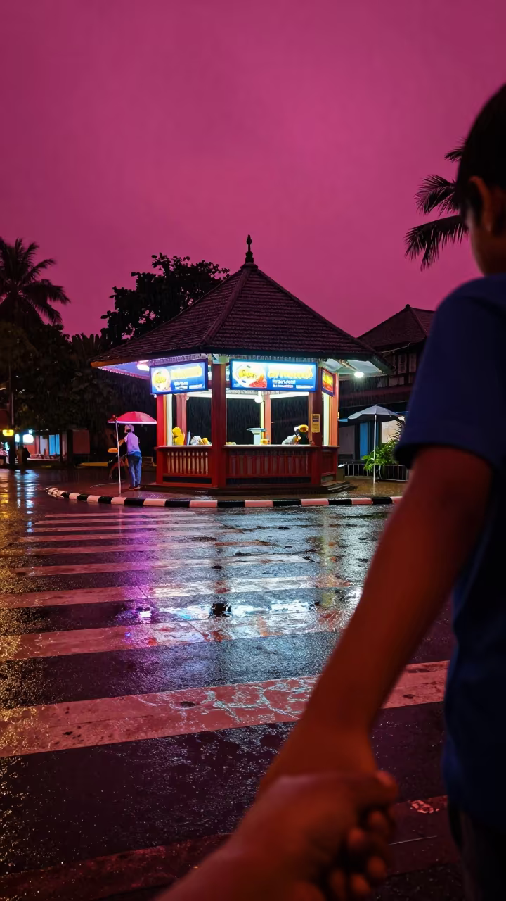 Child and Parent at Crosswalk Under Magenta Sky in by a rain-darkened kiosk in Thrissur