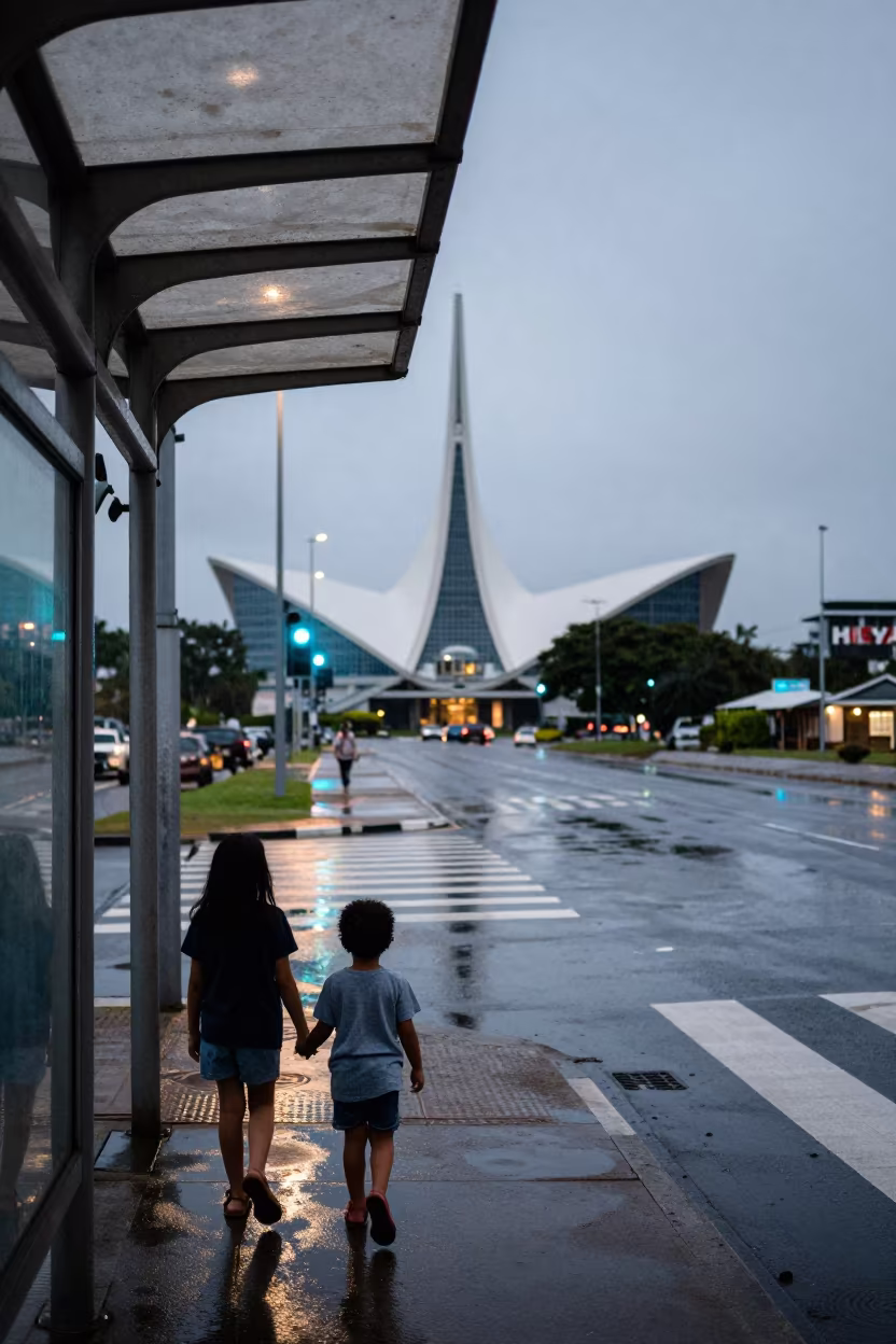 Child holding parent hand at Apia crosswalk in beside a steamed-up bus shelter in Apia