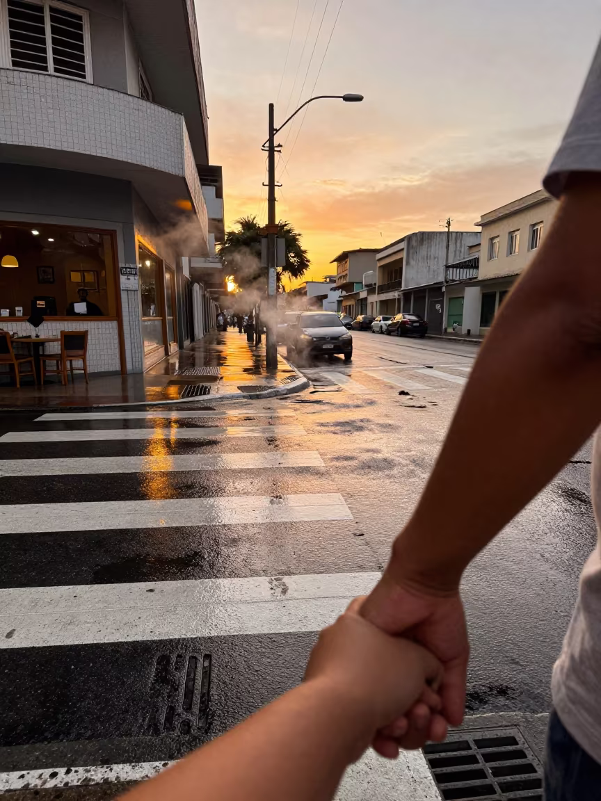 Child and Parent at Recife Crosswalk in Golden Light in outside a corner cafe in Recife
