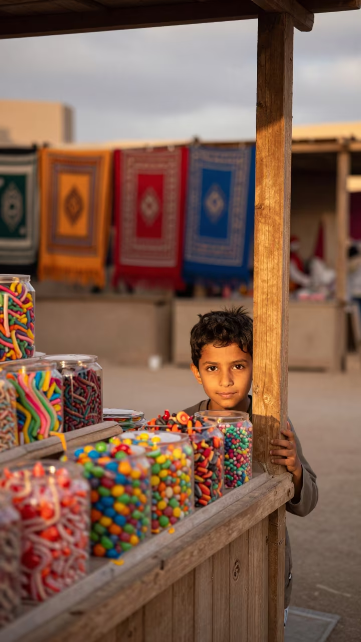 Child Peeks Over Market Stall Candy in at a textile trader's stall in Riyadh
