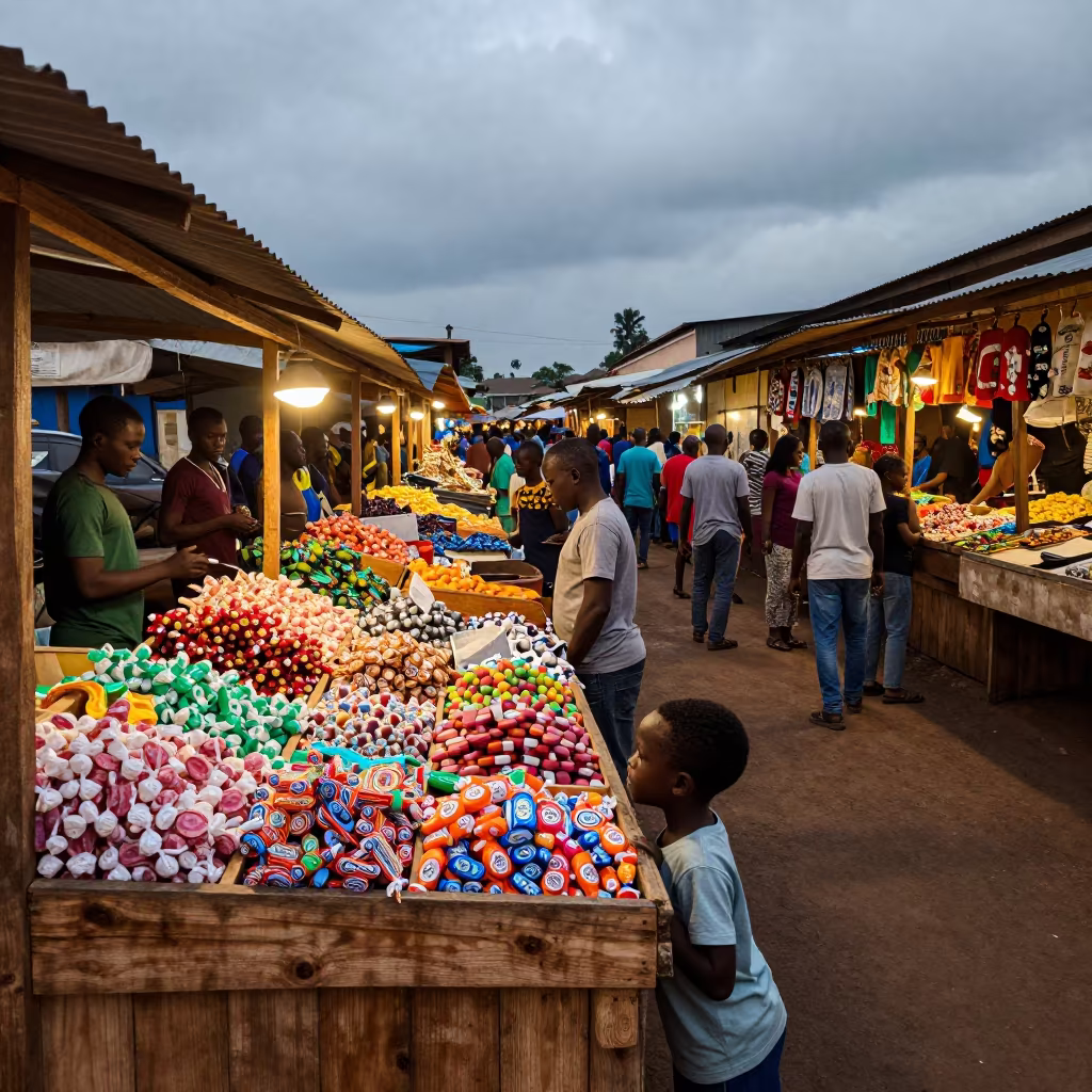 Child Peeks Over Candy Stall in Brazzaville Bazaar in in a covered bazaar aisle in Brazzaville