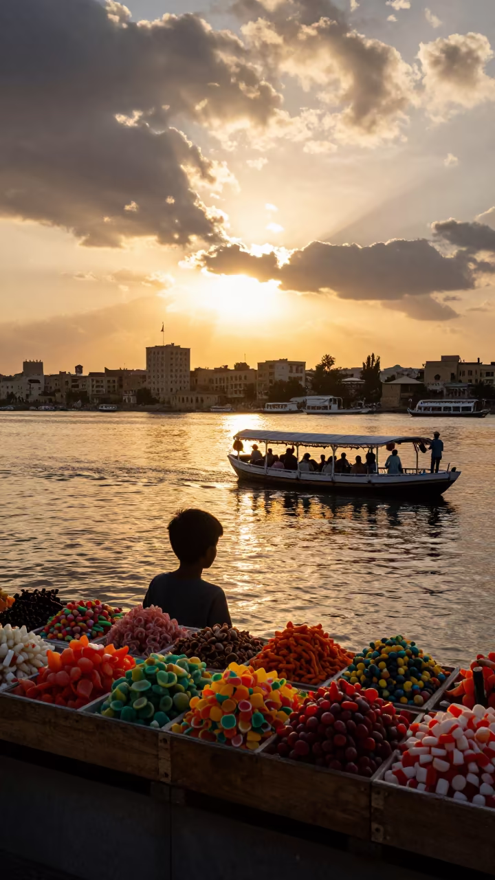 Child Peeks Over Stall At Golden Hour in at a floating market boat in Baghdad