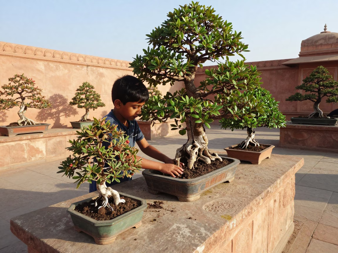 Child Playing Bonsai Trees on Stone Slab in Jaipur Late Afternoon Light in in Jaipur, India