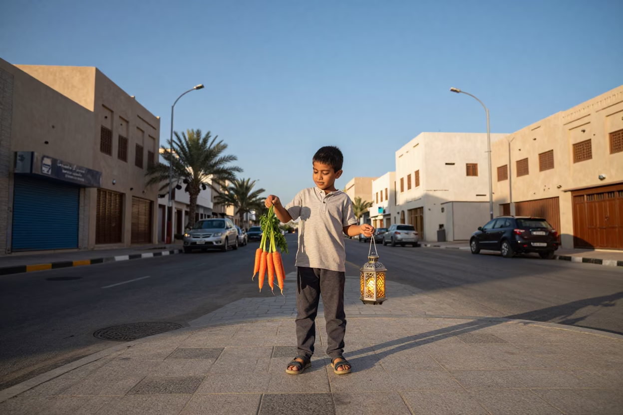 Child Playing with Carrots and Lantern in Muscat Oman Late Afternoon Light in in Muscat, Oman