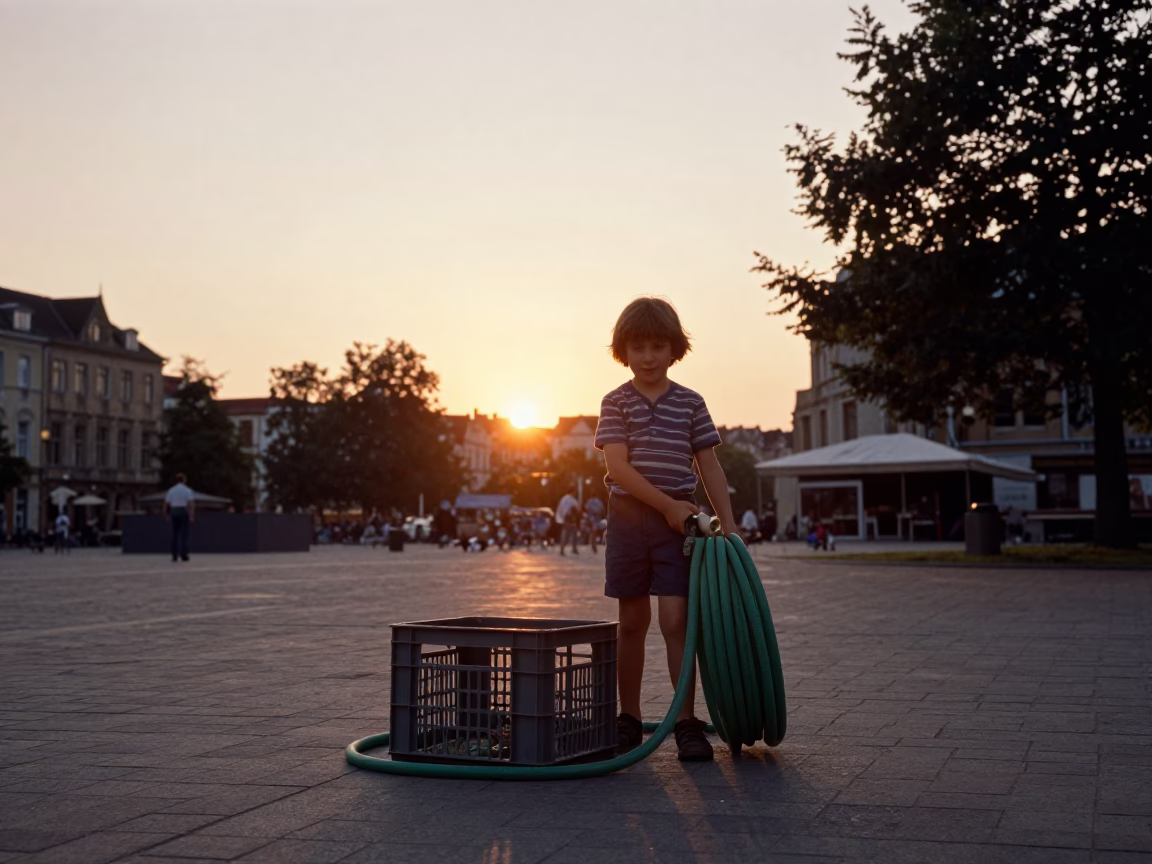Child Playing with Crate and Garden Hose in Brussels Square at Sunset in in Brussels, Belgium