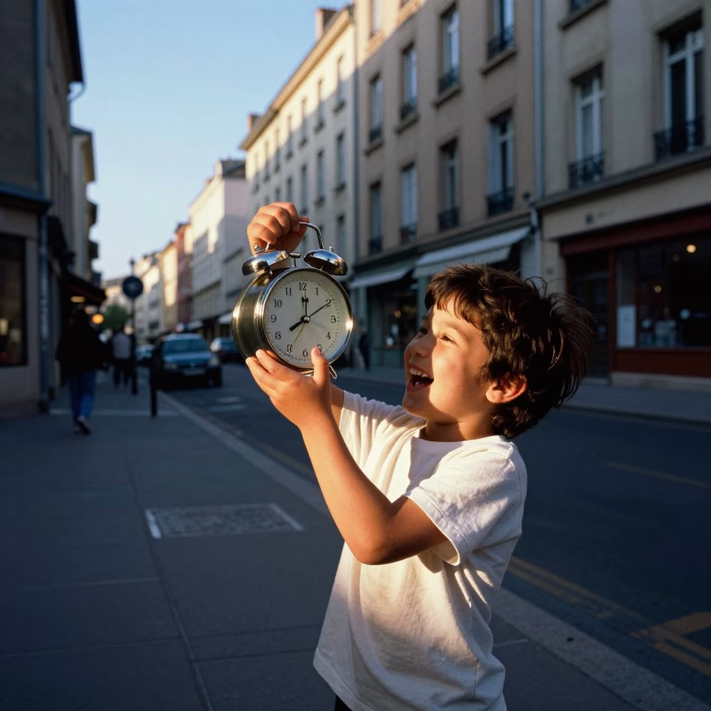 Child Playing with Vintage Alarm Clock in Sunlit Lyon Street in in Lyon, France