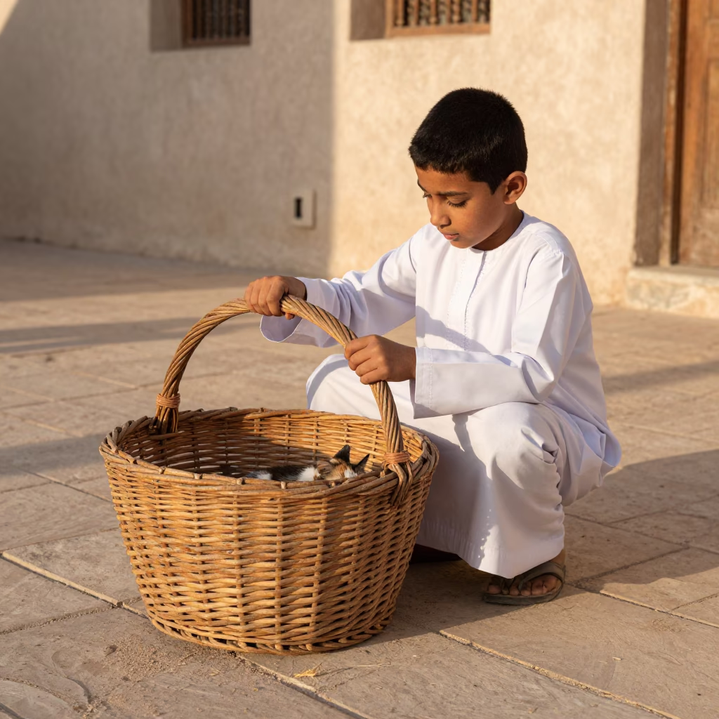 Child Playing With Wicker Basket And Cat In Muscat Late Afternoon in in Muscat, Oman