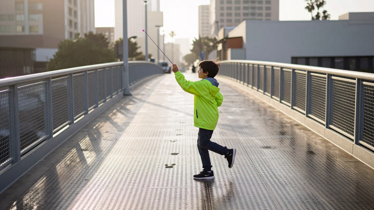 Child Playing Yo-Yo on Los Angeles Pedestrian Overpass Just After Sunrise in in Los Angeles, California, United States