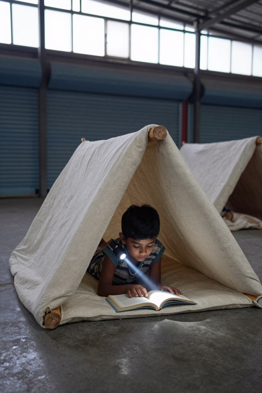 Child Reading in Blanket Fort Chennai Market Hall in in a market hall in Chennai