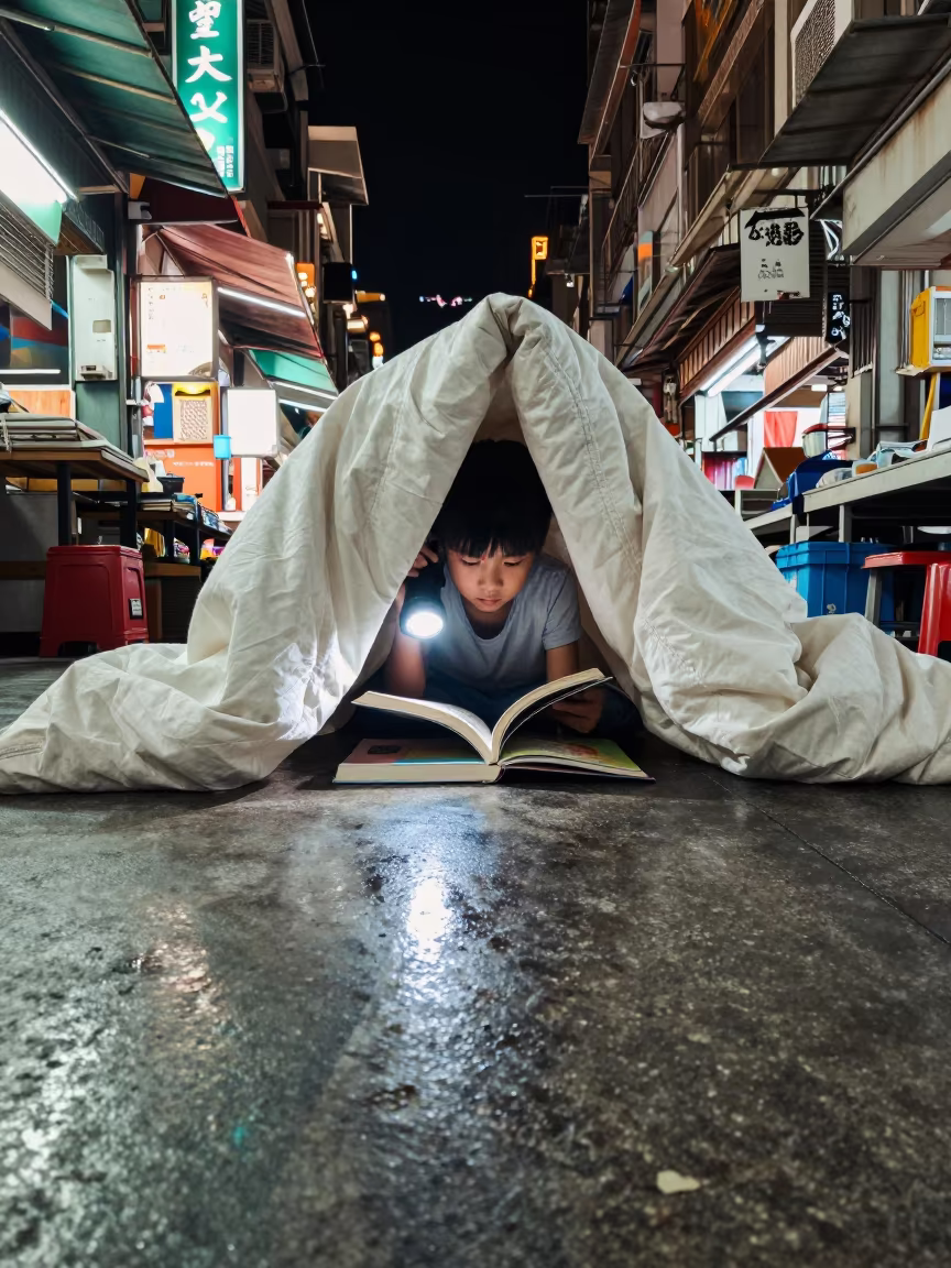 Child Reading Under Blanket Fort in Taipei Market in in a market hall in Taipei